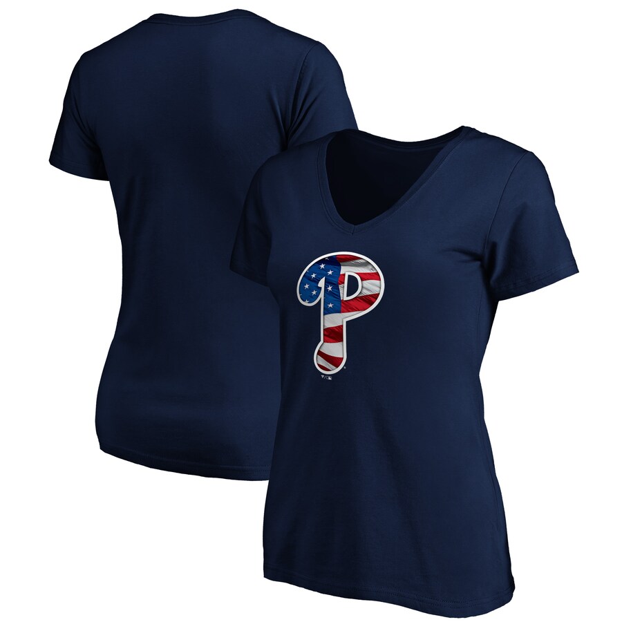 Women's Philadelphia Phillies Logo Navy Banner Wave V-Neck T-Shirt - Puhuasuan