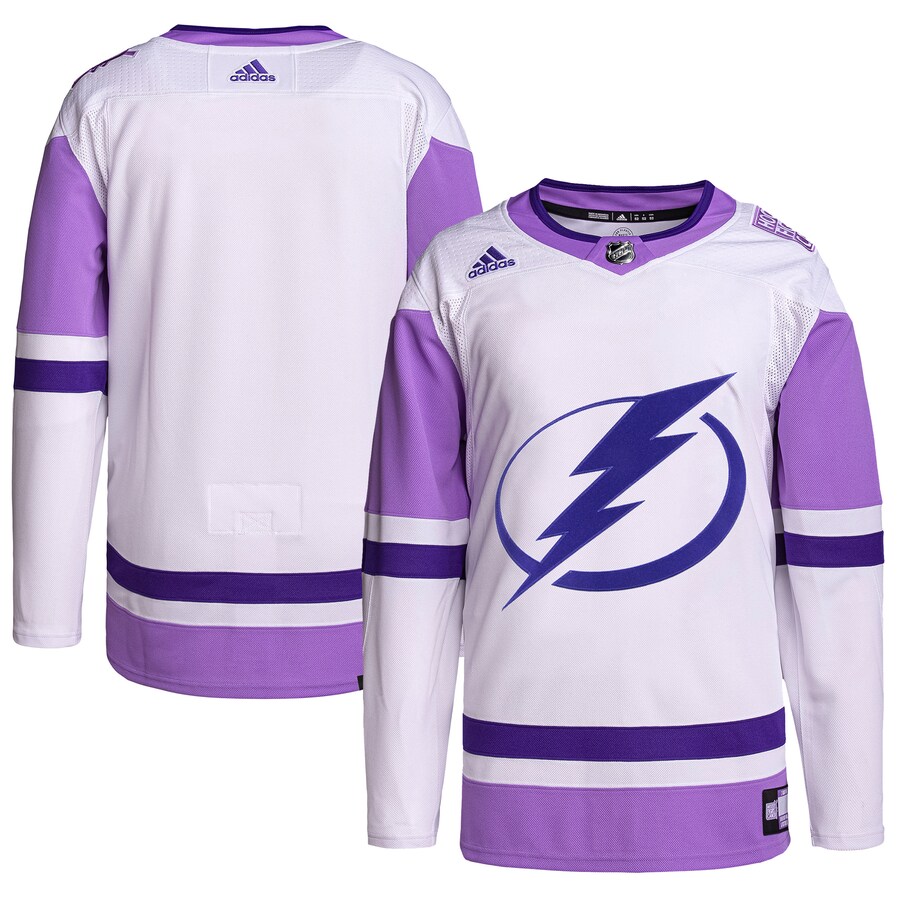 Men's Tampa Bay Lightning adidas White/Purple Hockey Fights Cancer Primegreen Authentic Blank Practice Jersey - Puhuasuan