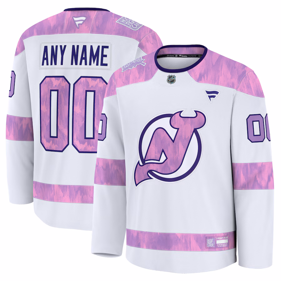 Men's New Jersey Devils Fanatics White 2024 Hockey Fights Cancer Custom Practice Jersey - Puhuasuan