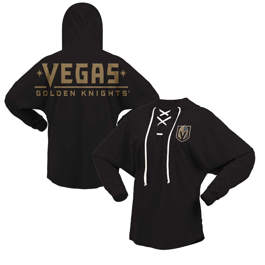Women's Vegas Golden Knights Fanatics Black Jersey Lace-Up V-Neck Long Sleeve Hoodie T-Shirt - Puhuasuan