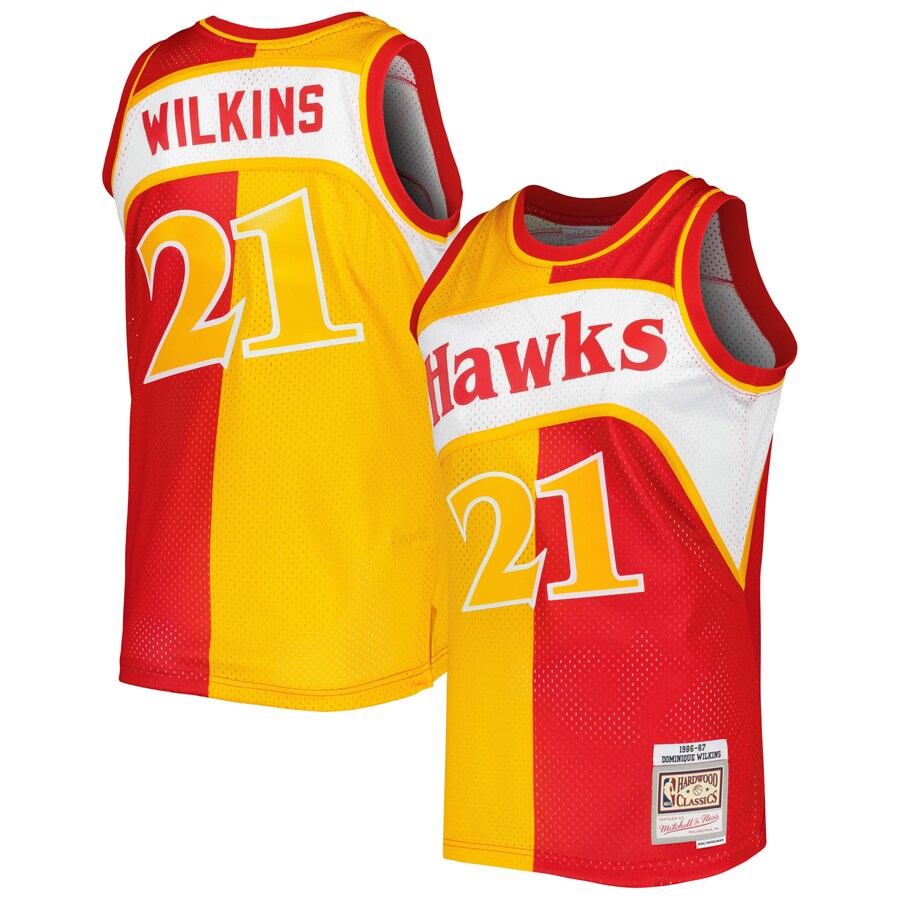 Men's Atlanta Hawks Dominique Wilkins Mitchell & Ness Yellow/Red Hardwood Classics 1986/87 Split Swingman Jersey - Puhuasuan