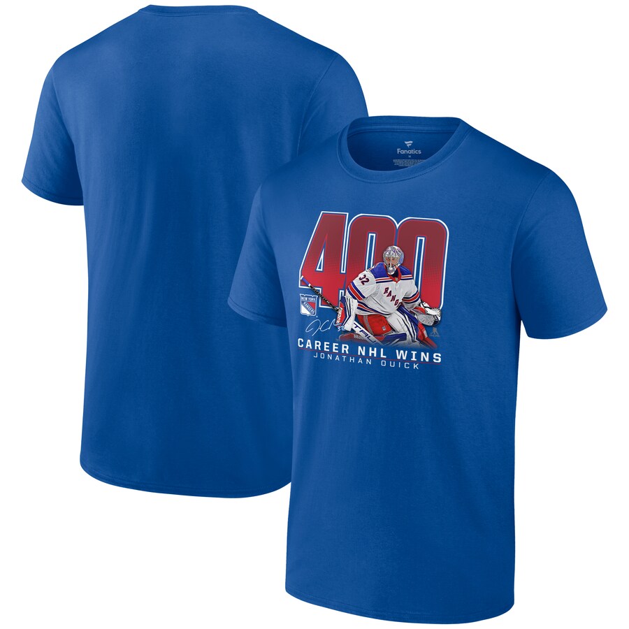 Men's New York Rangers Jonathan Quick Blue 400 Career Wins T-Shirt - Puhuasuan