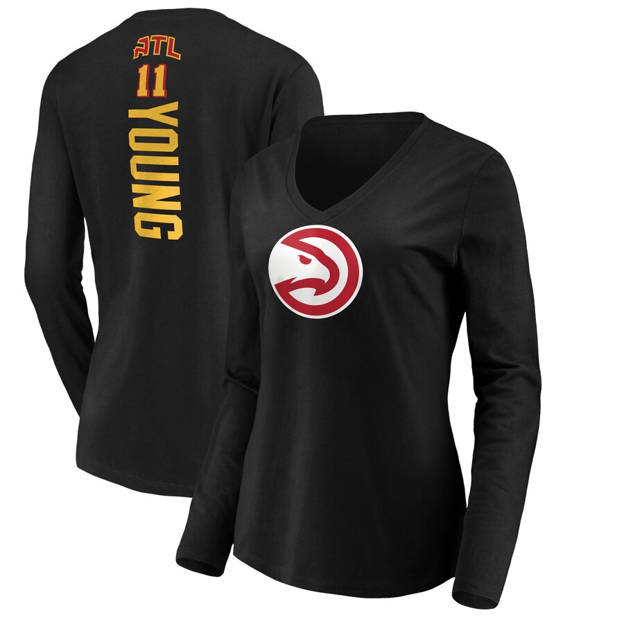 Women's Atlanta Hawks Trae Young Black Playmaker Name & Number V-Neck Long Sleeve T-shirt - Puhuasuan