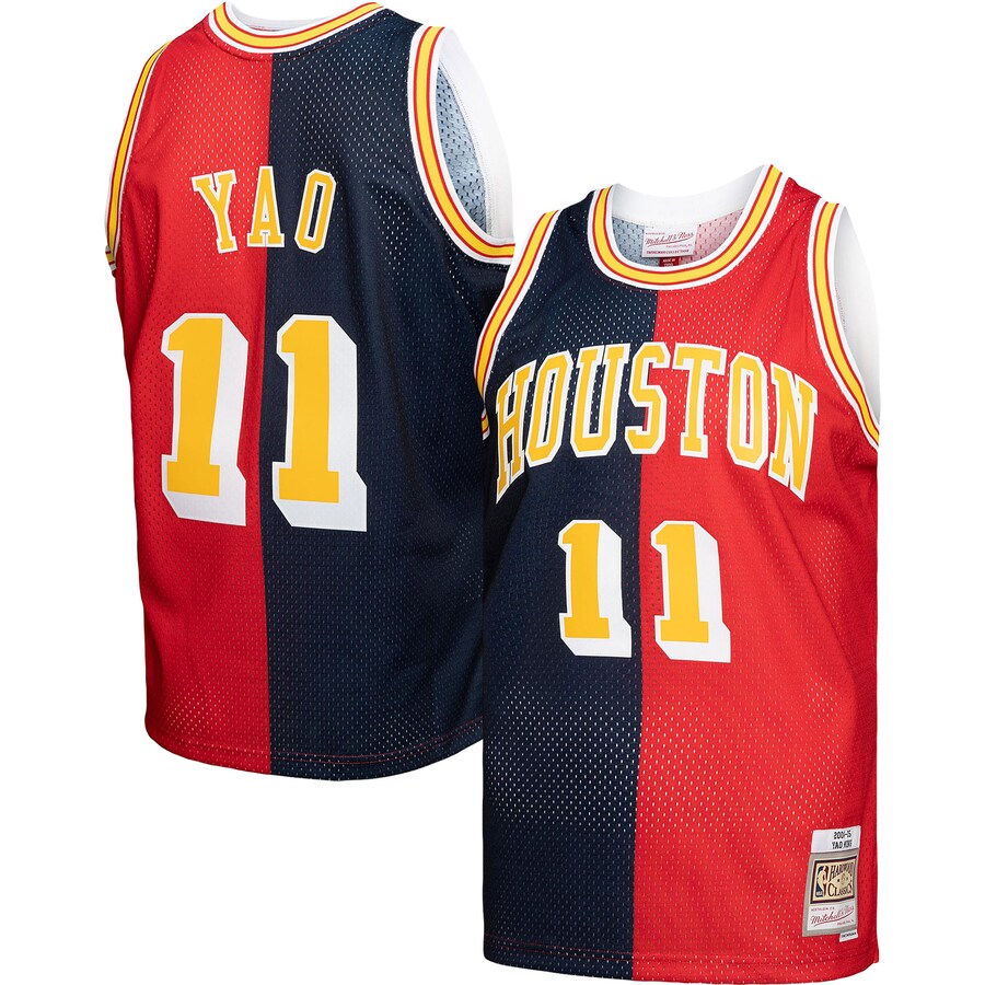 Men's Houston Rockets Yao Ming Mitchell & Ness Navy/Red Hardwood Classics 2004/05 Split Swingman Jersey - Puhuasuan