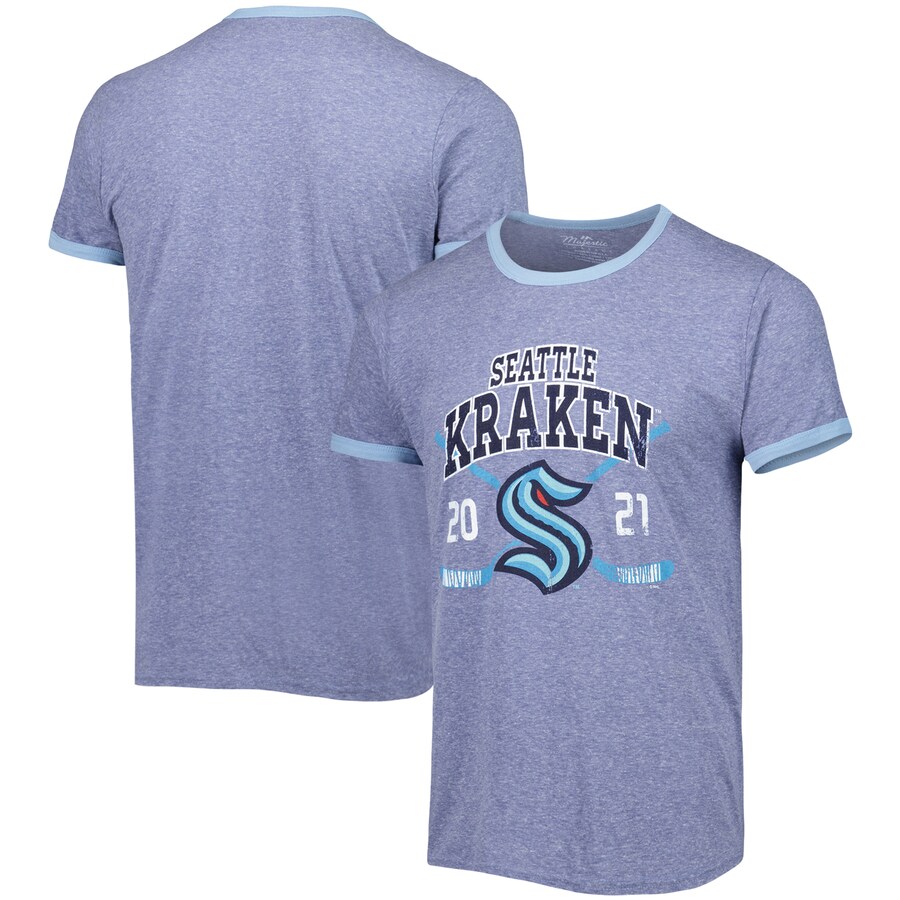 Men's Seattle Kraken Fanatics Heathered Deep Sea Blue Buzzer Beater Tri-Blend Ringer T-Shirt - Puhuasuan