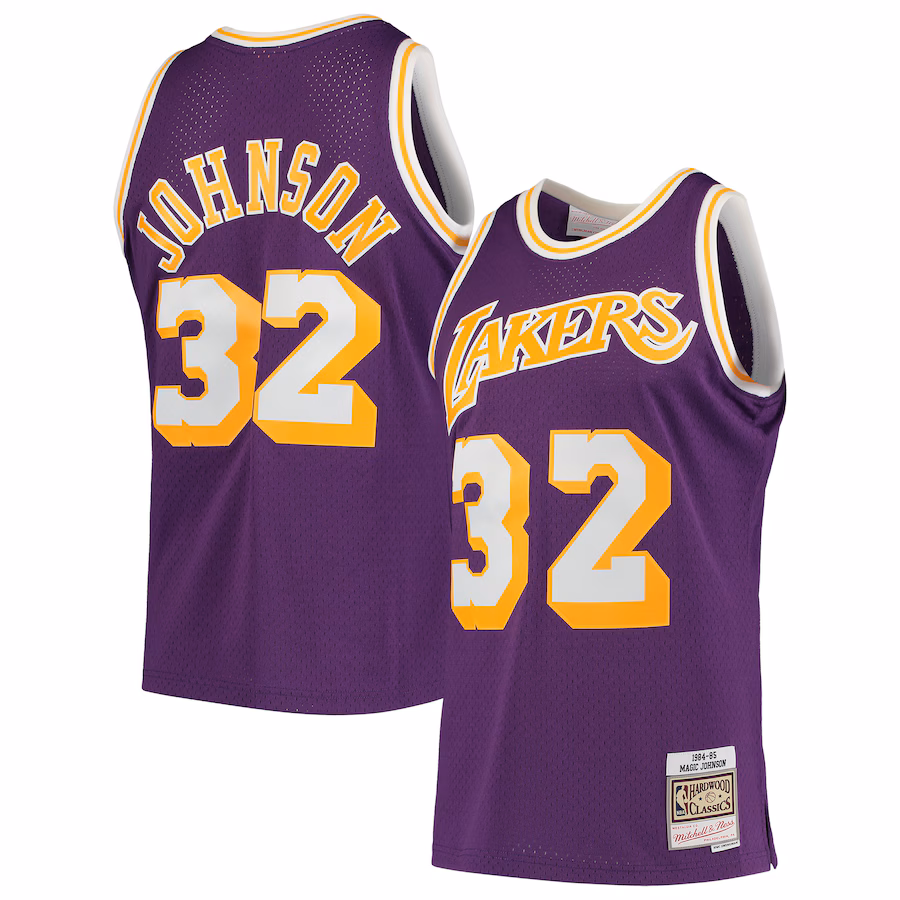 Men's Los Angeles Lakers Magic Johnson Mitchell & Ness Purple 1984/85 Hardwood Classics Swingman Jersey - Puhuasuan