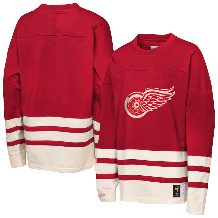 Youth Detroit Red Wings Mitchell & Ness Red Chainstitch Heavyweight Long Sleeve Top - Puhuasuan