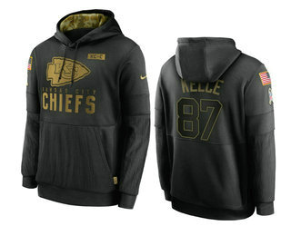 Men's Kansas City Chiefs #87 Travis Kelce Black 2020 Salute To Service Sideline Performance Pullover Hoodie - Puhuasuan