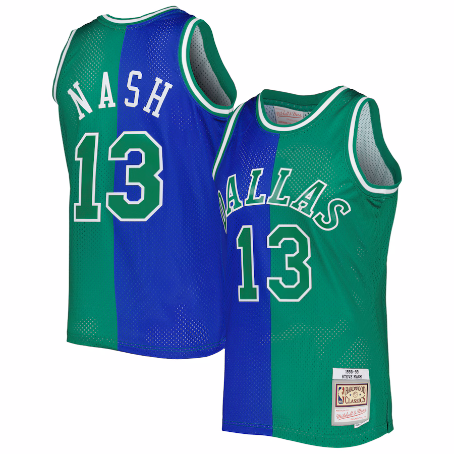Men's Dallas Mavericks Steve Nash Mitchell & Ness Blue/Green Hardwood Classics 1998/99 Split Swingman Jersey - Puhuasuan