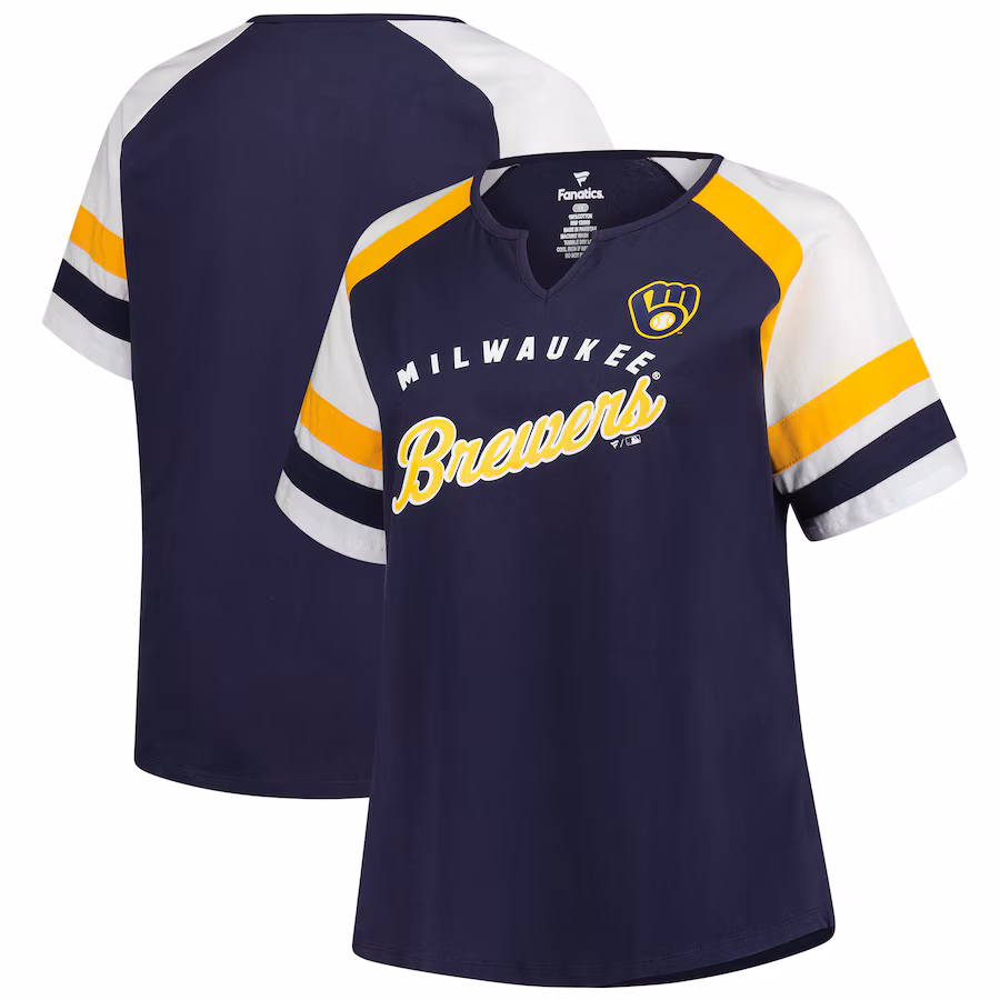 Women's Milwaukee Brewers Profile Navy Plus Sized Arched Notch Neck T-Shirt - Puhuasuan