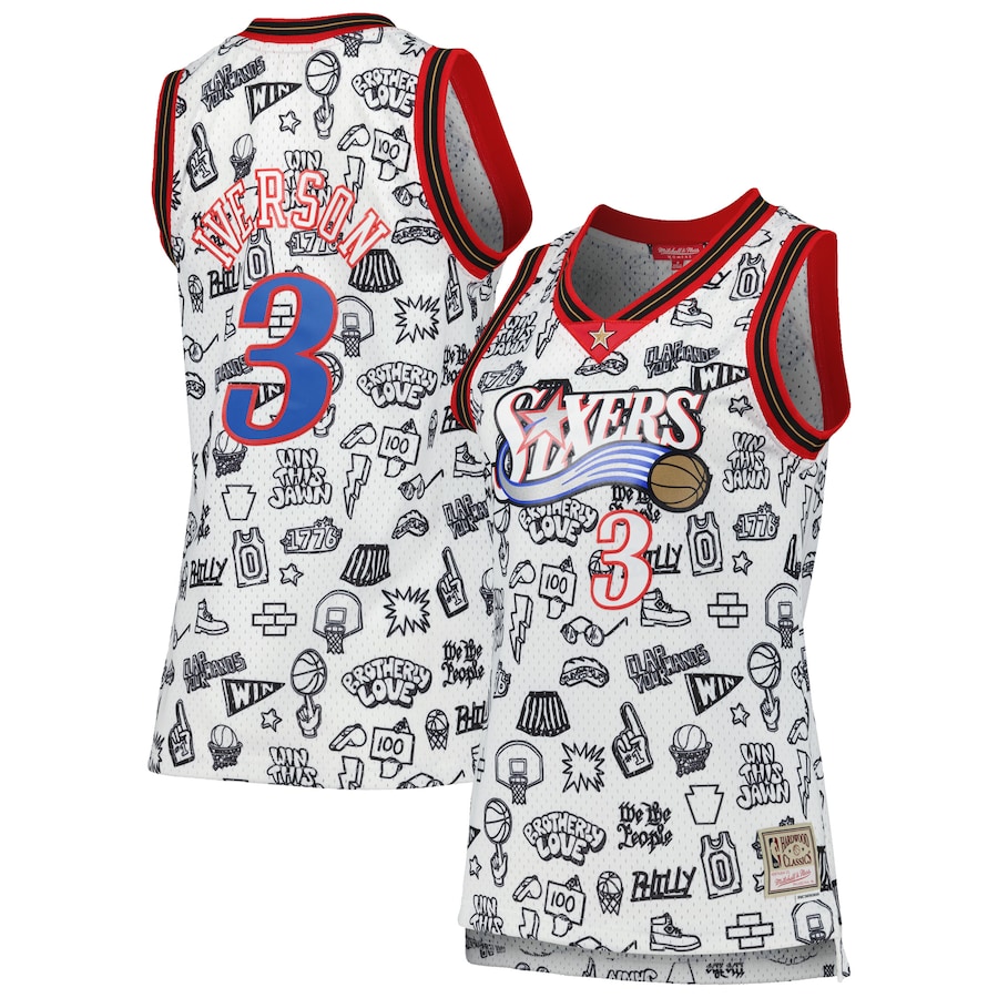 Women's Philadelphia 76ers Allen Iverson Mitchell & Ness White 2000 Doodle Swingman Jersey - Puhuasuan