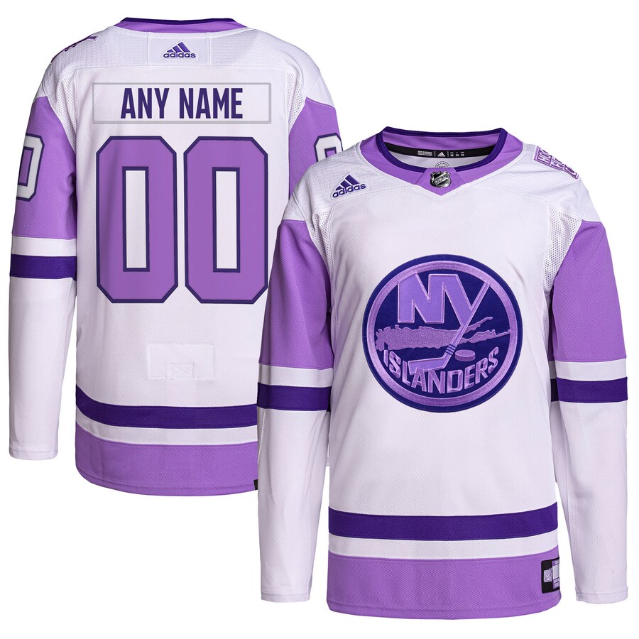 Men's New York Islanders adidas White/Purple Hockey Fights Cancer Primegreen Authentic Custom Jersey - Puhuasuan