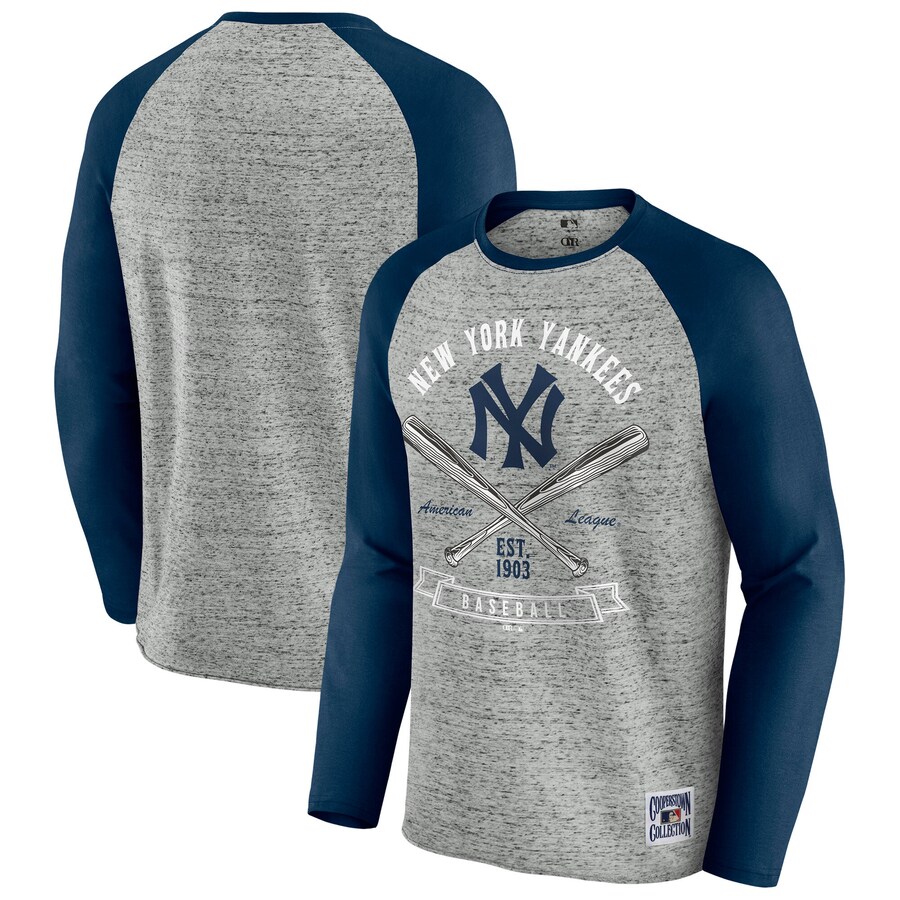 Men's New York Yankees Darius Rucker Collection by Fanatics Heather Gray Raw Edge Raglan Long Sleeve Baseball T-Shirt - Puhuasuan