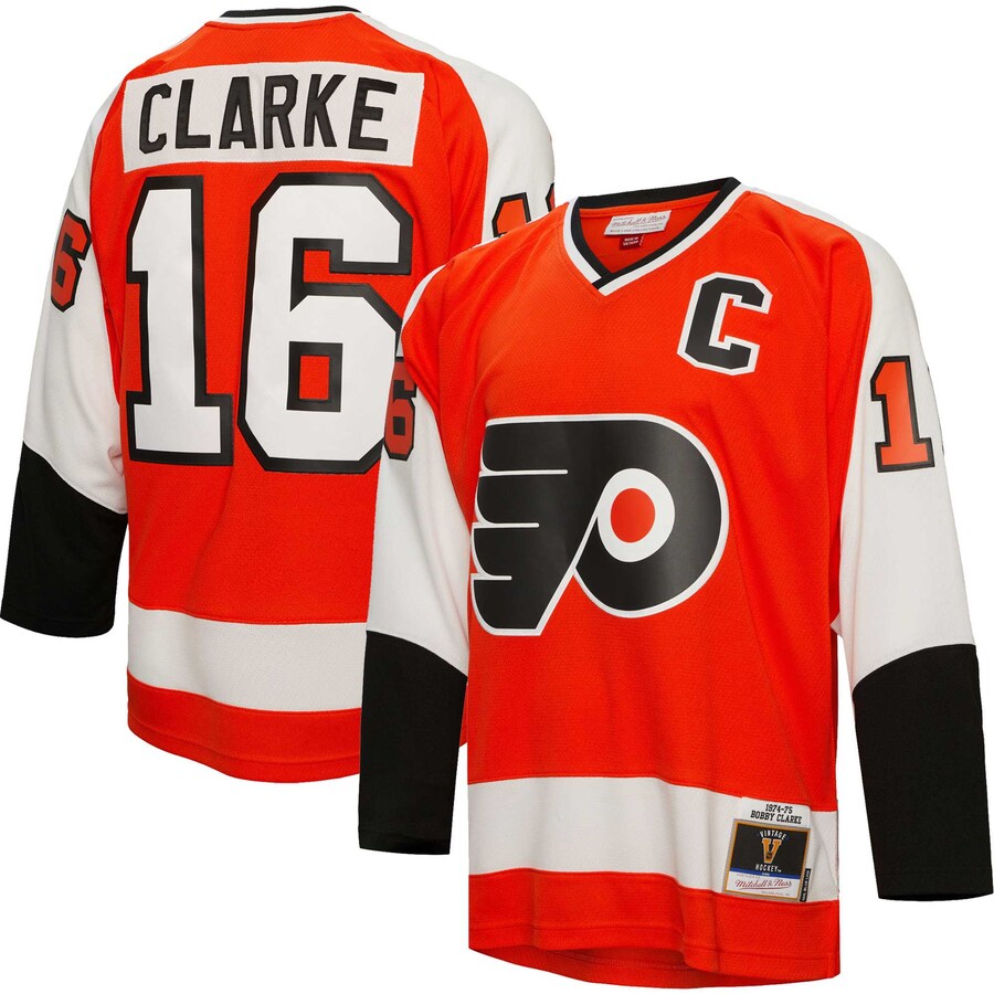 Men's Philadelphia Flyers Bobby Clarke Mitchell & Ness Orange 1974/75 Captain Patch Blue Line Player Jersey - Puhuasuan