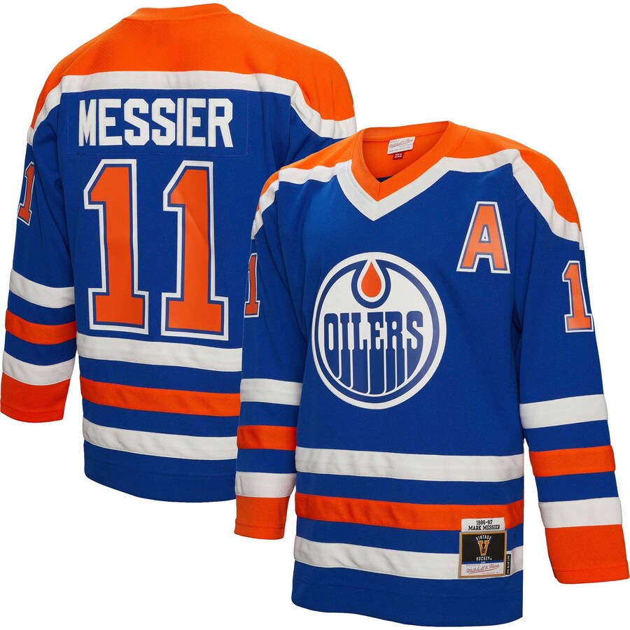 Men's Edmonton Oilers Mark Messier Mitchell & Ness Royal Alternate Captain Patch 1986/87 Blue Line Player Jersey - Puhuasuan