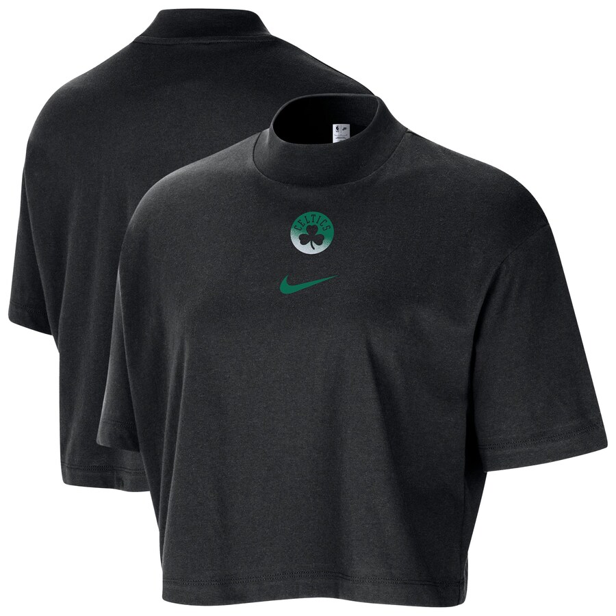 Women's Boston Celtics Nike Black Courtside Mock Neck Loose Fit Cropped T-Shirt - Puhuasuan