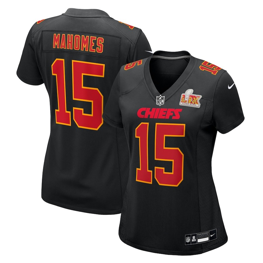 Women's Kansas City Chiefs Patrick Mahomes Nike Carbon Black Super Bowl LIX Fashion Game Jersey - Puhuasuan