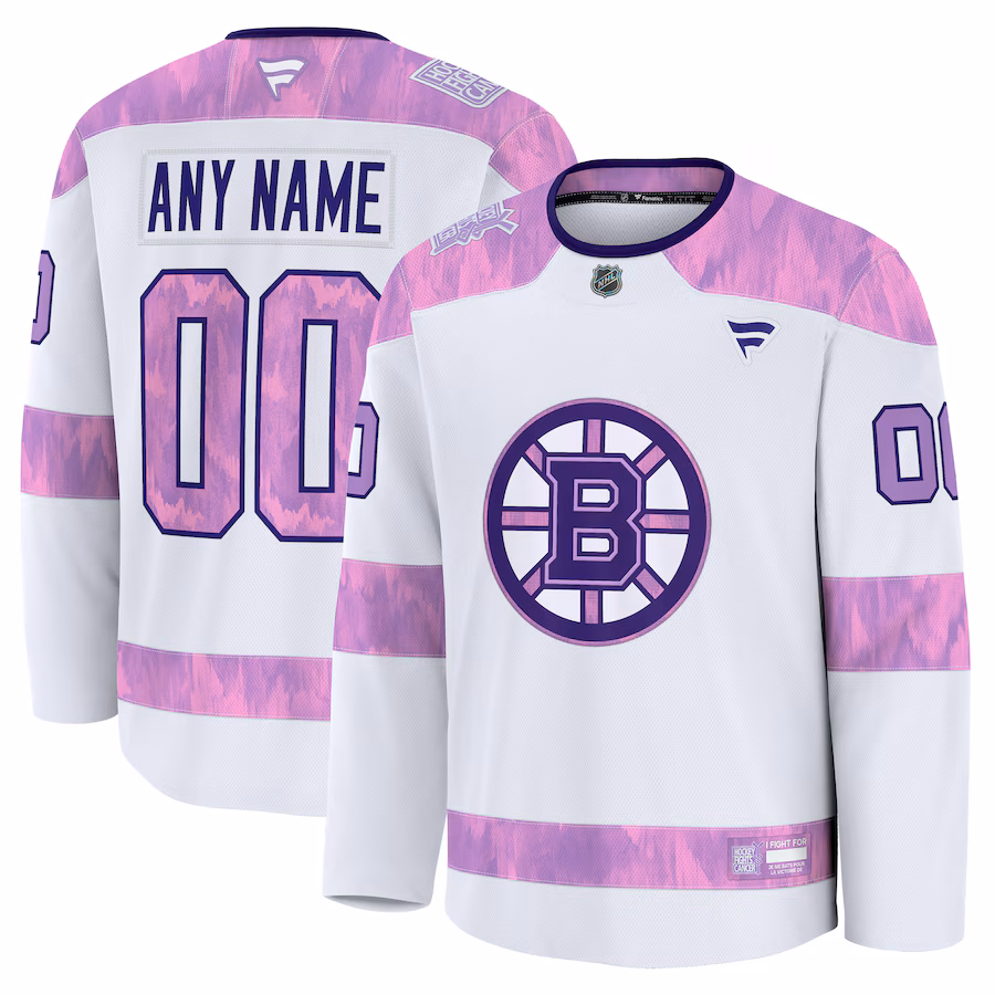 Men's Boston Bruins Fanatics White 2024 Hockey Fights Cancer Custom Practice Jersey - Puhuasuan