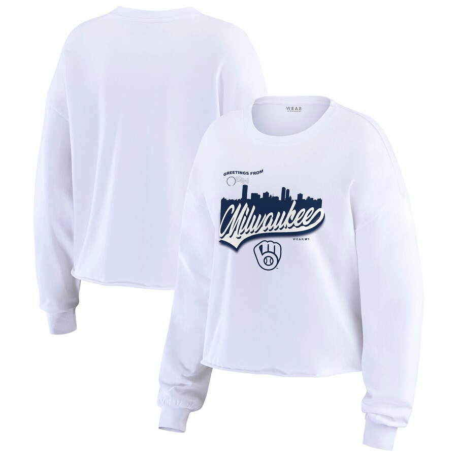 Women's Milwaukee Brewers WEAR by Erin Andrews White Domestic Postcard Long Sleeve T-Shirt - Puhuasuan