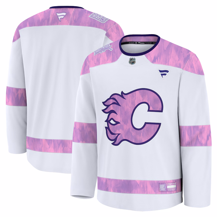Men's Calgary Flames Fanatics White 2024 Hockey Fights Cancer Practice Jersey - Puhuasuan