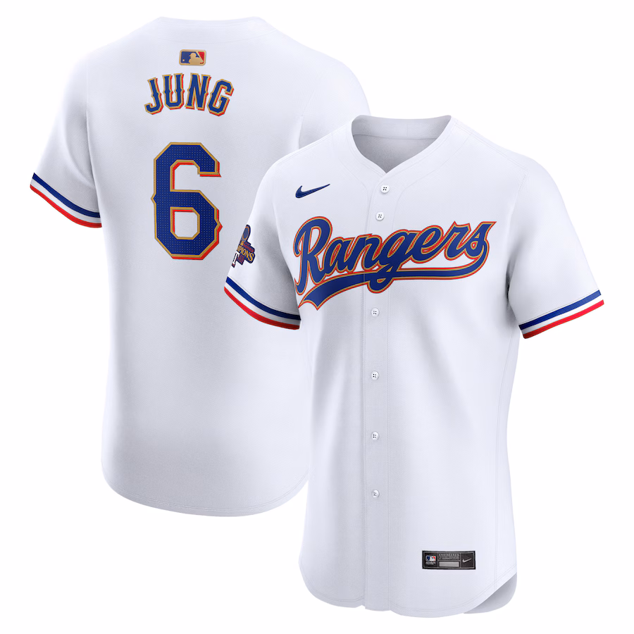Men's Texas Rangers Josh Jung Nike White 2024 Gold Collection Elite Player Jersey - Puhuasuan