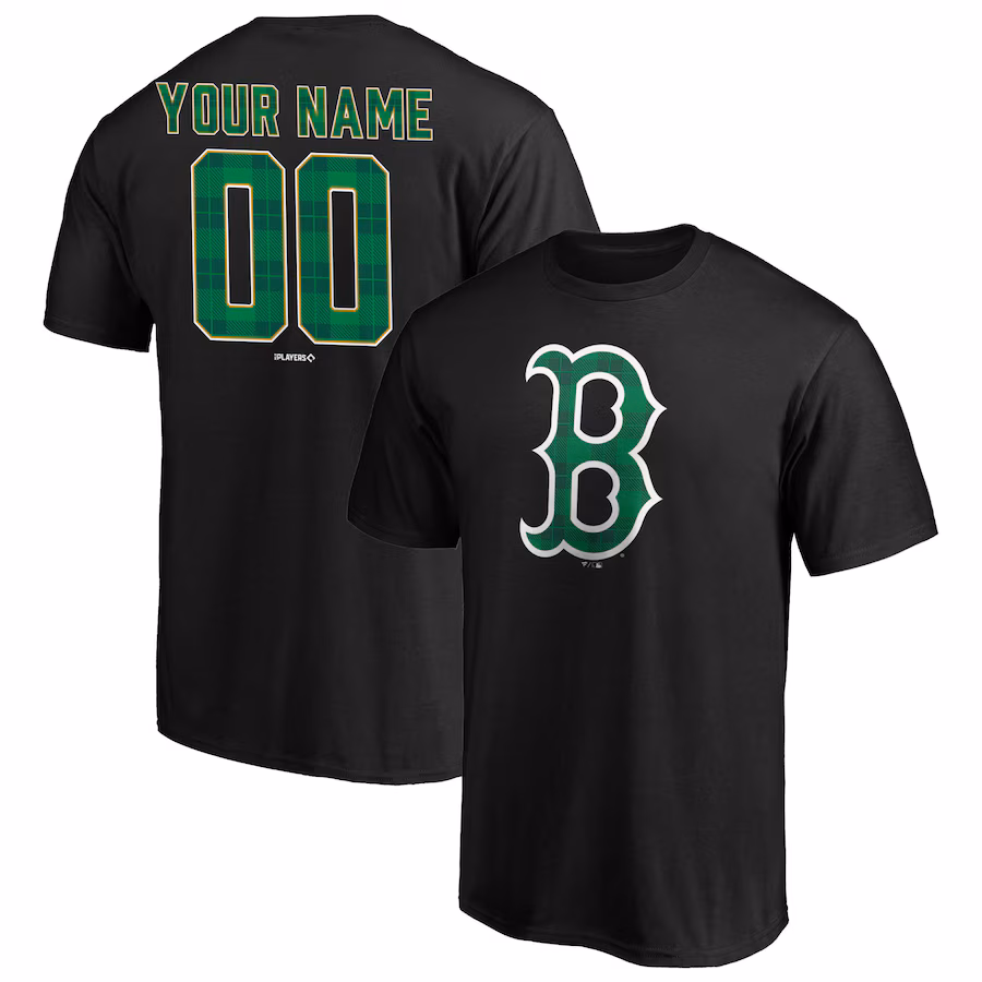 Men's Boston Red Sox Black Emerald Plaid Personalized Name & Number T-Shirt - Puhuasuan