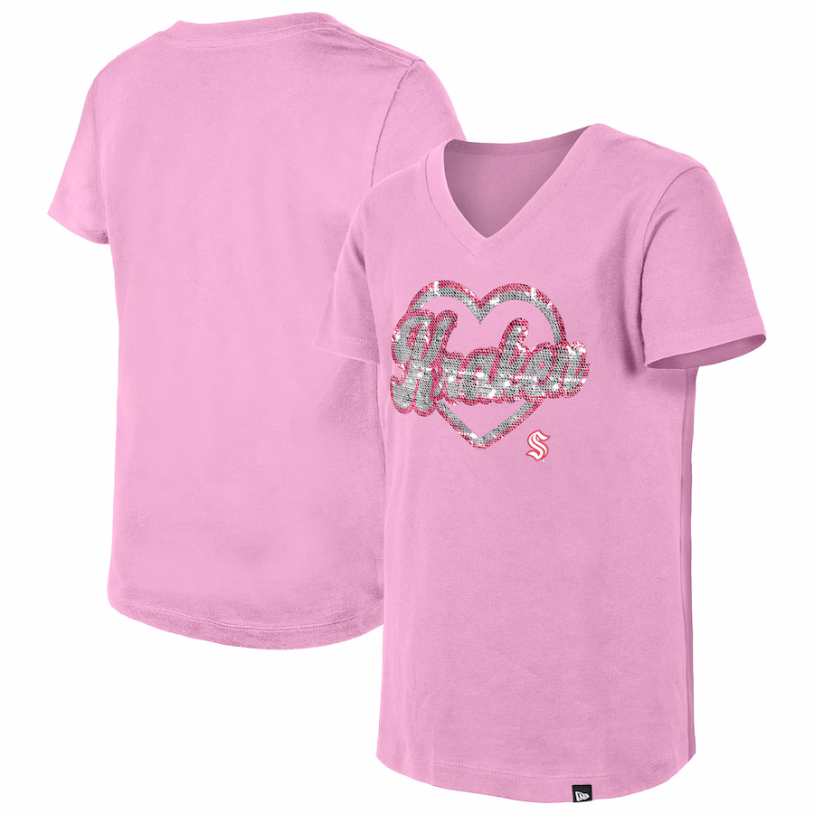 Girl's Youth Seattle Kraken New Era Pink Flip Sequin V-Neck T-Shirt - Puhuasuan