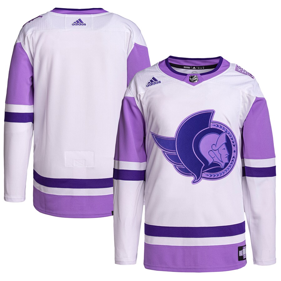 Men's Ottawa Senators adidas White/Purple Hockey Fights Cancer Primegreen Authentic Blank Practice Jersey - Puhuasuan