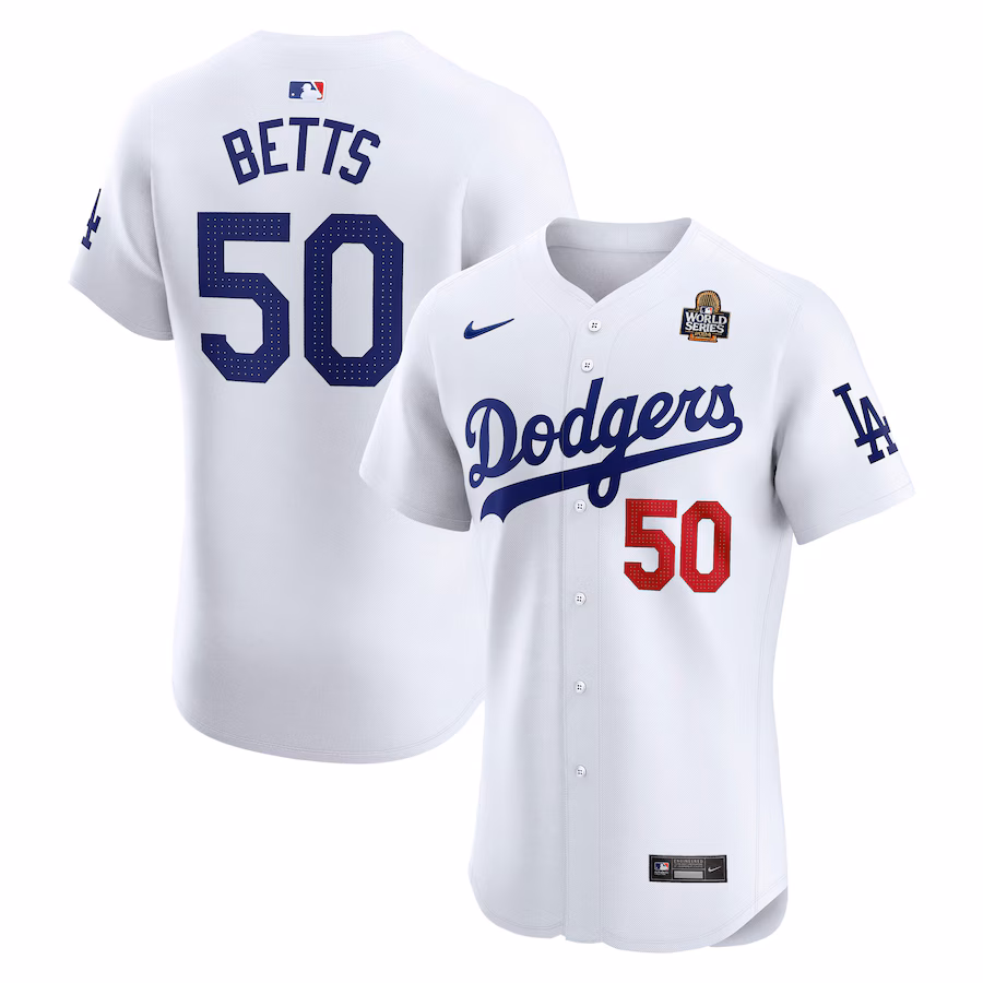 Men's Los Angeles Dodgers Mookie Betts Nike White 2024 World Series Home Elite Player Jersey - Puhuasuan