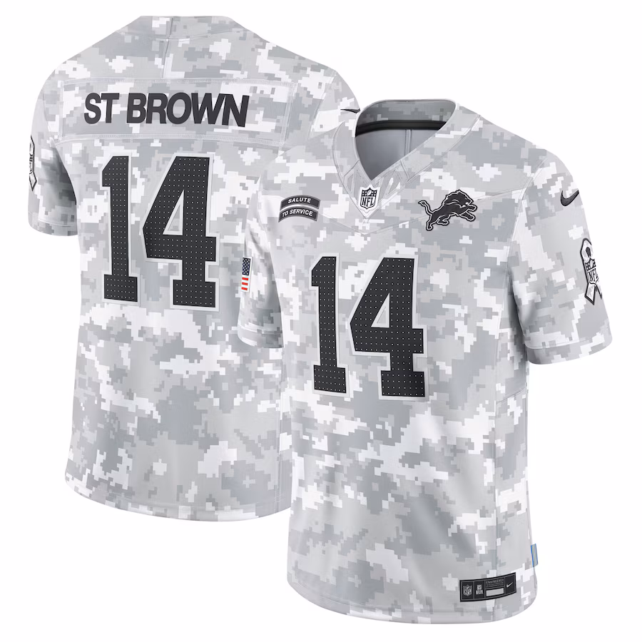 Men's Detroit Lions Amon-Ra St. Brown Nike Arctic Camo 2024 Salute to Service Limited Jersey - Puhuasuan