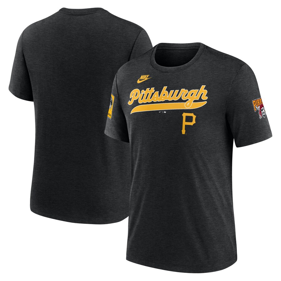 Men's Pittsburgh Pirates Nike Heather Black Cooperstown Collection Eras Tri-Blend T-Shirt - Puhuasuan