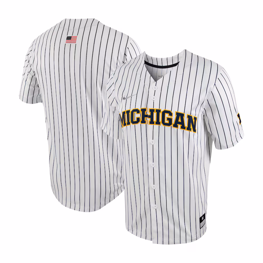 Men's Nike White/Navy Michigan Wolverines Pinstripe Replica Full-Button Baseball Jersey - Puhuasuan