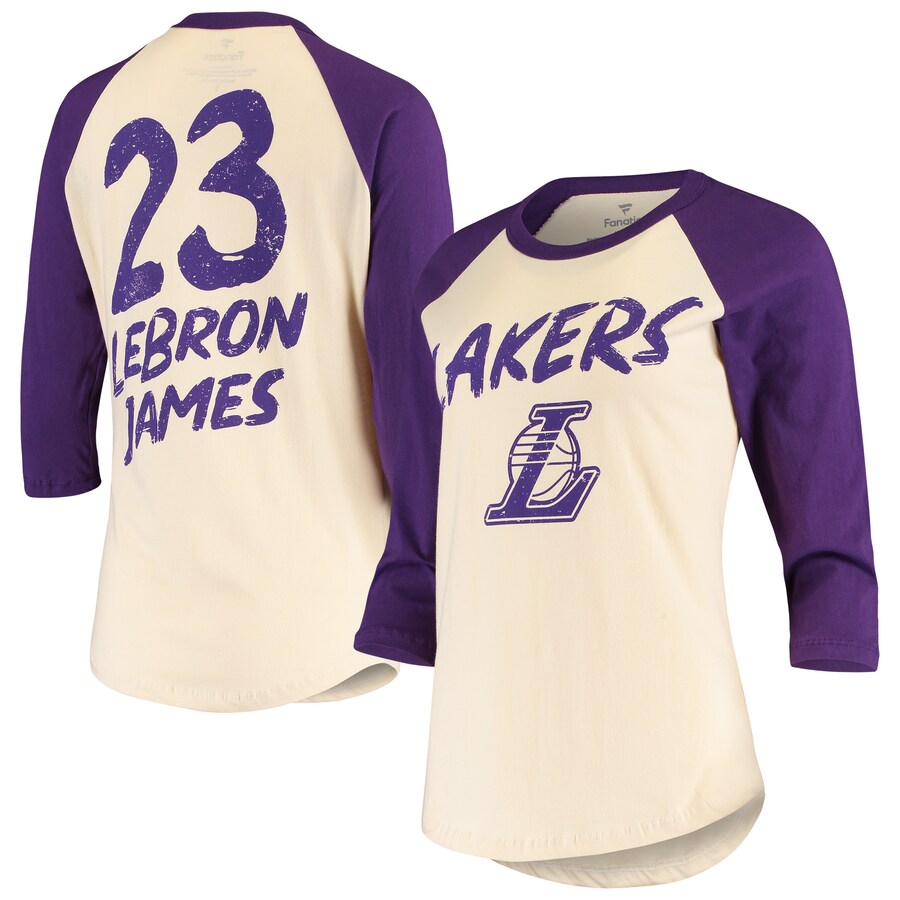 Women's Los Angeles Lakers LeBron James Fanatics Cream Raglan 3/4-Sleeve T-Shirt - Puhuasuan