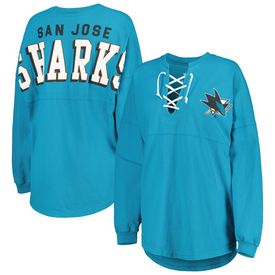 Women's San Jose Sharks Fanatics Teal Spirit Lace-Up V-Neck Long Sleeve Jersey T-Shirt - Puhuasuan