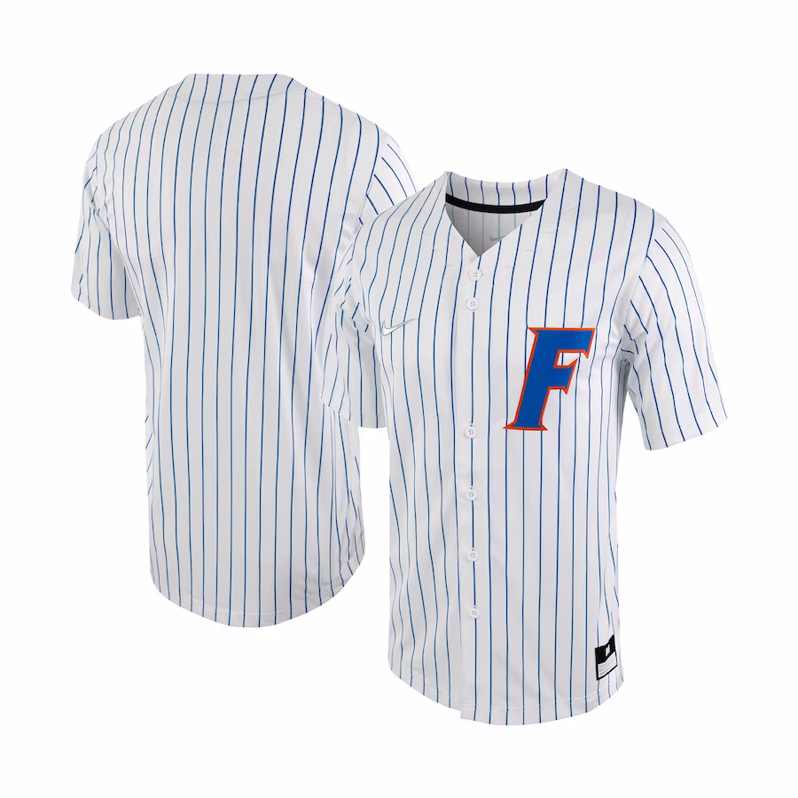 Florida Gators Nike Pinstripe Replica Full-Button Baseball Jersey - White/Royal - Puhuasuan