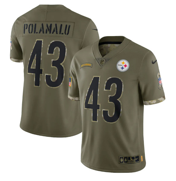 Men's Pittsburgh Steelers #43 Troy Polamalu 2022 Olive Salute To Service Limited Stitched Jersey - Puhuasuan