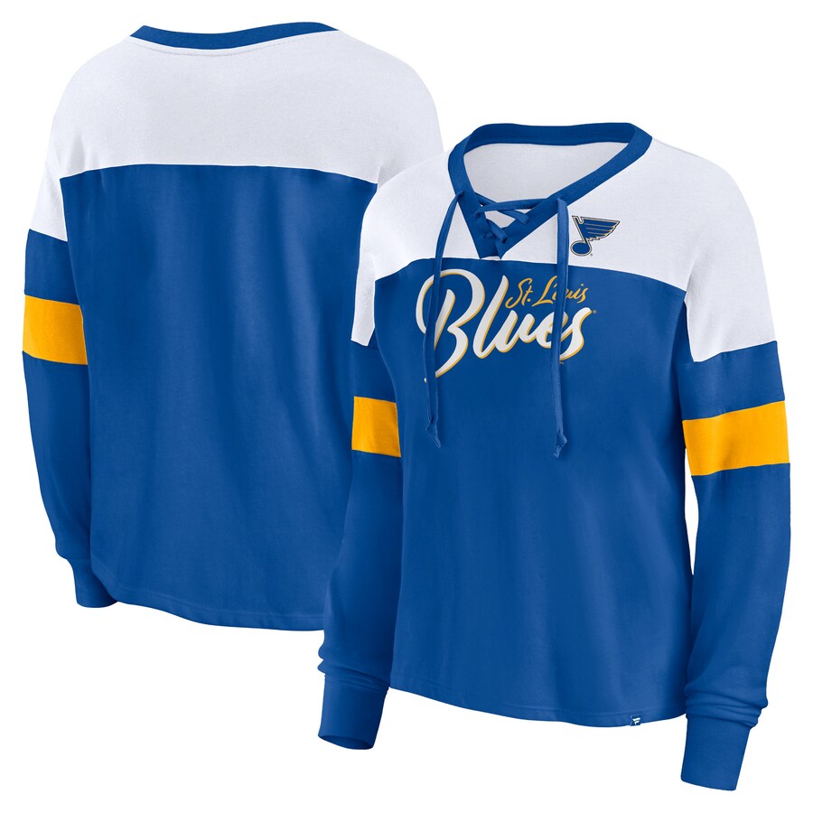 Women's St. Louis Blues Fanatics Blue Take the Shot Long Sleeve Lace-Up V-Neck T-Shirt - Puhuasuan