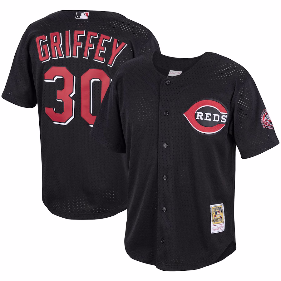 Men's Cincinnati Reds Ken Griffey Jr. Mitchell & Ness Black Cooperstown Collection Mesh Batting Practice Button-Up Jersey - Puhuasuan