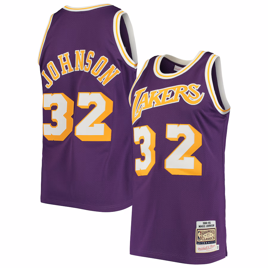 Men's Los Angeles Lakers Magic Johnson Mitchell & Ness Purple 1984/85 Hardwood Classics Authentic Jersey - Puhuasuan