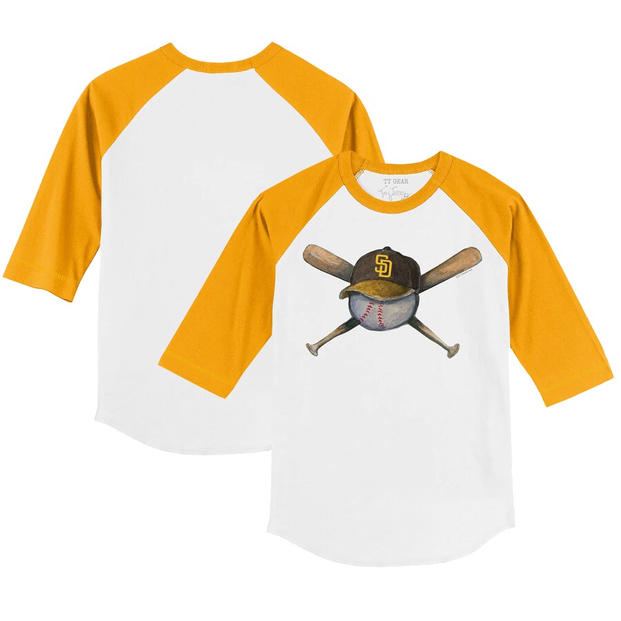 Youth San Diego Padres Tiny Turnip White/Gold Hat Crossbats 3/4-Sleeve Raglan T-Shirt - Puhuasuan