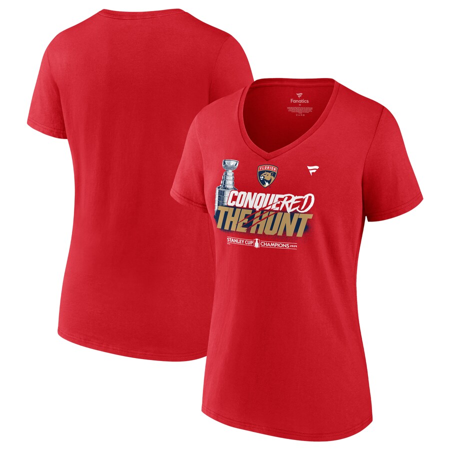 Women's Florida Panthers Fanatics Red 2024 Stanley Cup Champions Celebration V-Neck T-Shirt - Puhuasuan