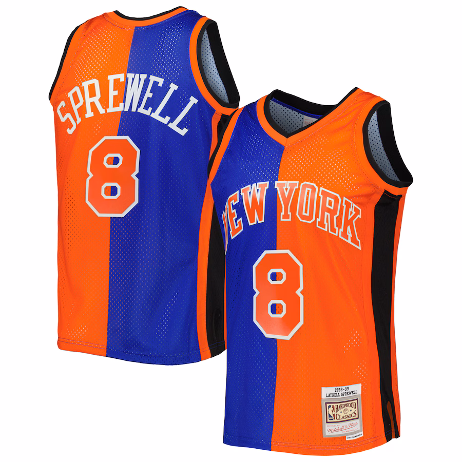 Men's New York Knicks Latrell Sprewell Mitchell & Ness Blue/Orange Hardwood Classics 1998/99 Split Swingman Jersey - Puhuasuan