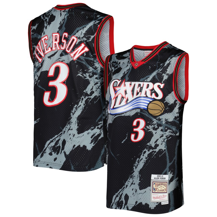 Men's Philadelphia 76ers Allen Iverson Mitchell & Ness Black 2000/01 Hardwood Classics Marble Swingman Jersey - Puhuasuan