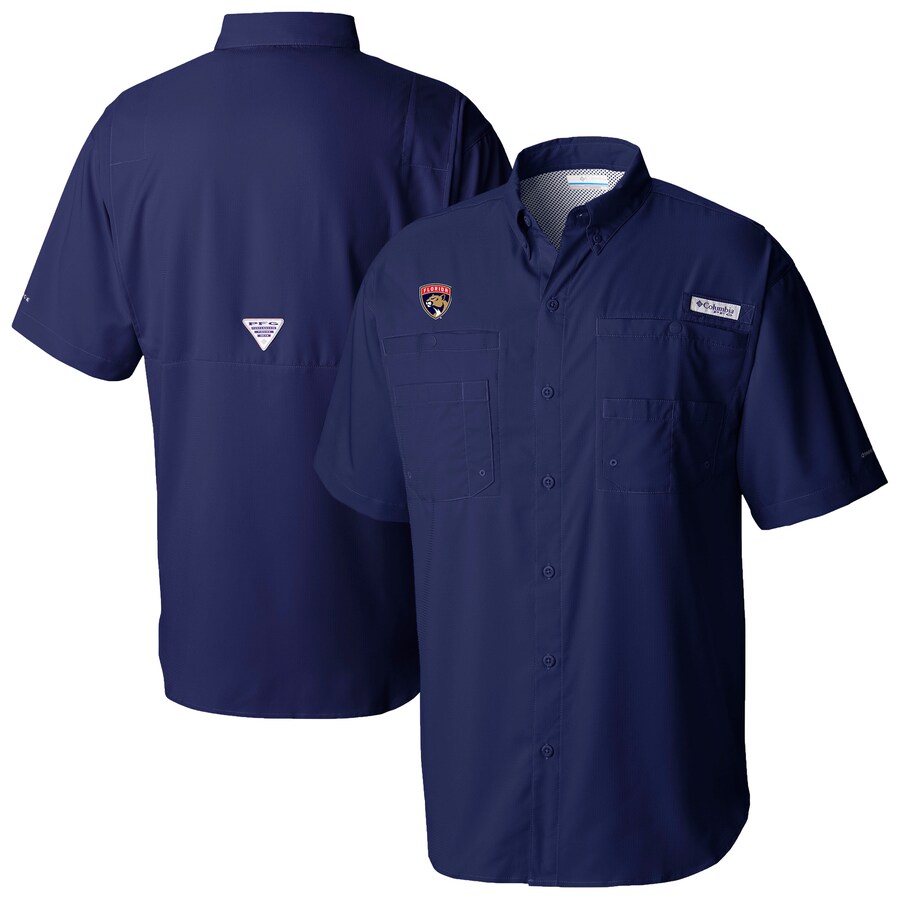 Men's Florida Panthers Columbia Navy Tamiami Short Sleeve Omni-Wick Button-Down Shirt - Puhuasuan