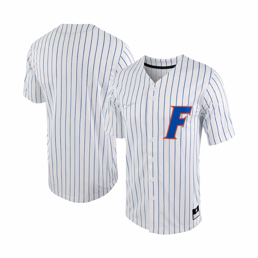 Men's Nike White/Royal Florida Gators Pinstripe Replica Full-Button Baseball Jersey - Puhuasuan