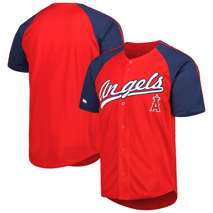 Men's Los Angeles Angels Stitches Red Button-Down Raglan Fashion Jersey - Puhuasuan