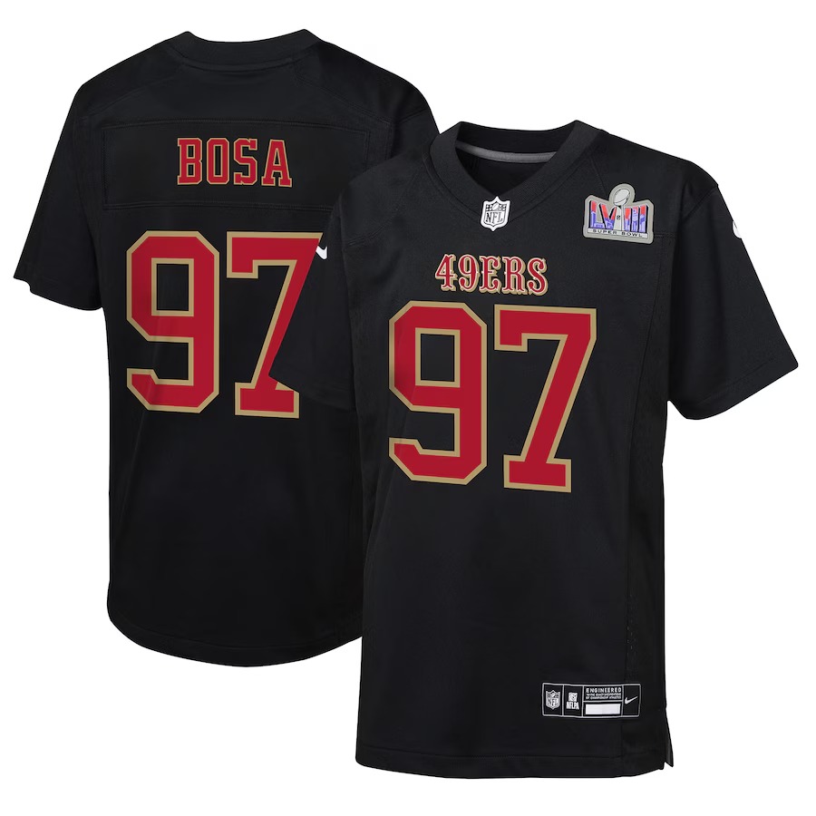 Youth San Francisco 49ers Nick Bosa Nike Black Super Bowl LVIII Patch Carbon Fashion Game Jersey - Puhuasuan