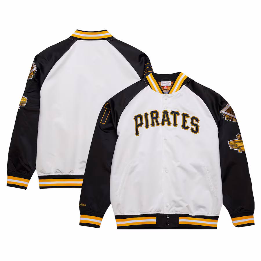 Men's Pittsburgh Pirates Roberto Clemente Mitchell & Ness White/Black Cooperstown Collection Legends Lightweight Satin Raglan Full-Snap Jacket - Puhuasuan