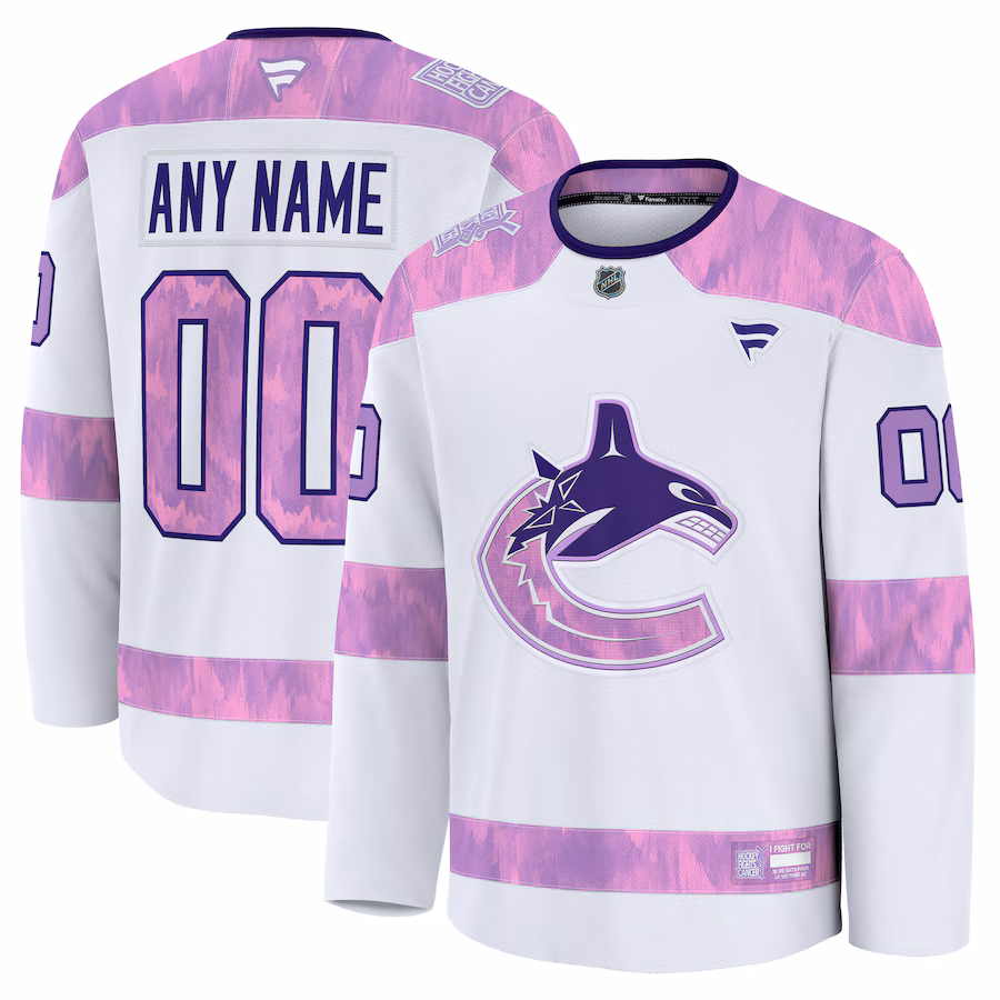 Men's Vancouver Canucks Fanatics White 2024 Hockey Fights Cancer Custom Practice Jersey - Puhuasuan
