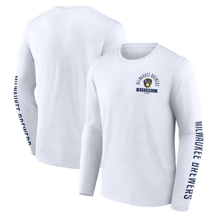 Men's Milwaukee Brewers Fanatics White Press Box Long Sleeve T-Shirt - Puhuasuan